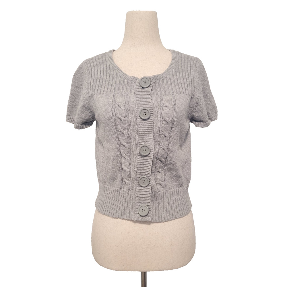 VTG Y2K Mudd Cropped Cable Knit Cardigan Sweater Sz L Gray Twee Preppy Fisherman